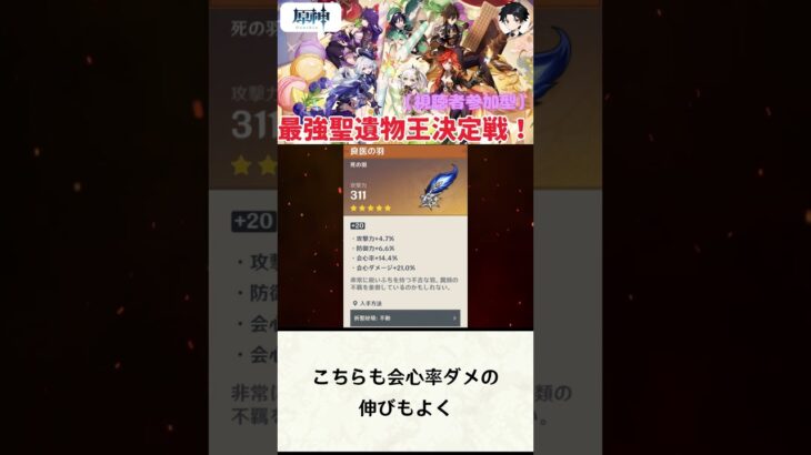 【原神】最強聖遺物王決定戦。4.20の羽部門結果発表！！【聖遺物鑑賞】#原神 #原神聖遺物鑑賞 #genshinimpact #聖遺物鑑賞 #最強聖遺物王決定戦